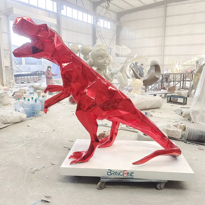 2024 Geometric Section Outdoor  Decoration  Mirror Shiny Surface Theme Park Plating Giant Fiberglass Dinosaur Statue Sculpture
