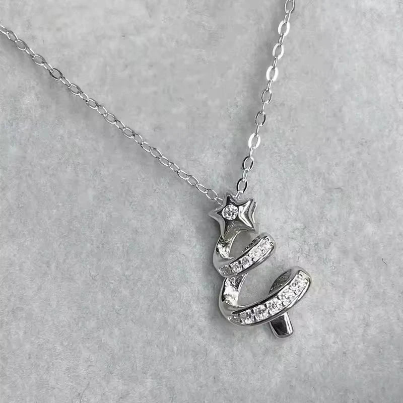 Christmas Day Theme Jewelry 925 Sterling Silver Zircon Star Christmas Tree Pendant Necklace