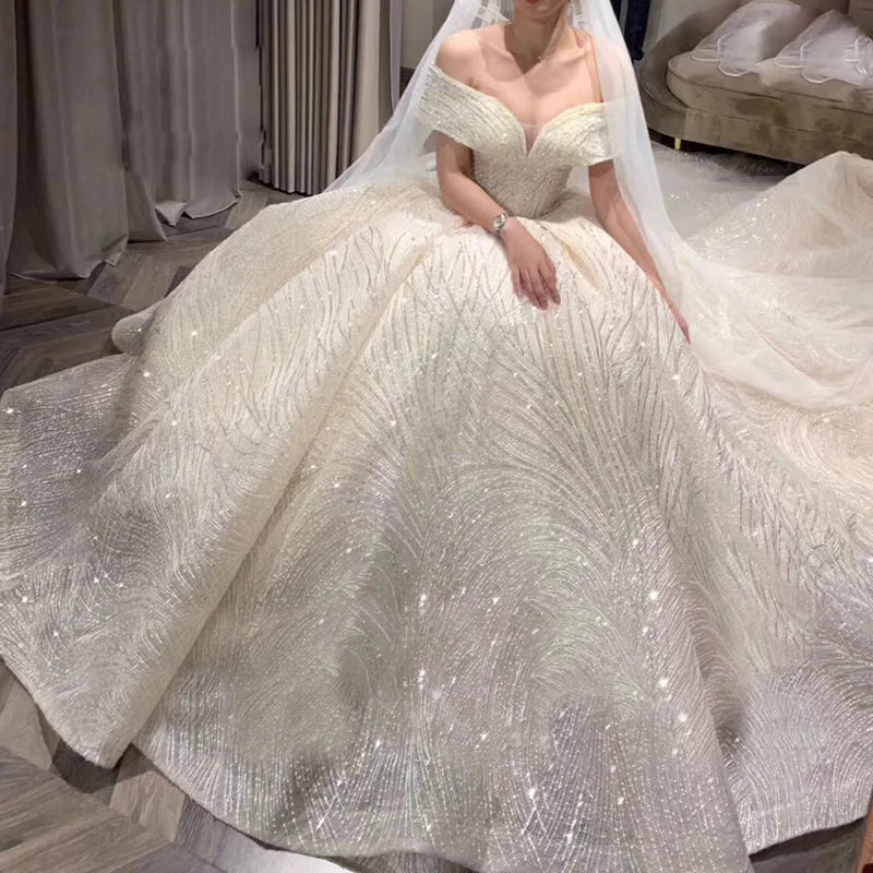 Guangzhou Auyan 2024 Long Train Wedding Dress Long Sleeve Mid-waist Fishtail White Shoulder Lace Evening Gown