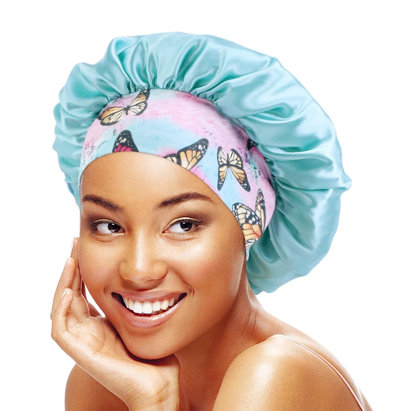 Wide Band Elastic Floral Printed Washing Make up Bonnets Woman Satin Lined Bonnet With Logo