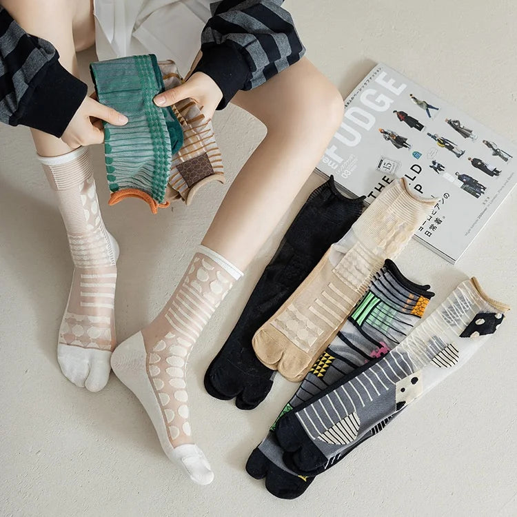 Wholesale Summer Thin Funky Transparent Sheer Socks Women Crystal Split Toe Socks