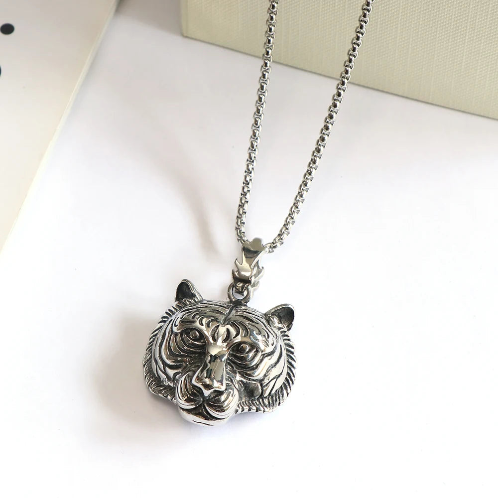 Animal Lover Jewelry Oxidized Mens Necklace Solid Stainless Steel Wild Tiger Pendant Necklace Gift for Him