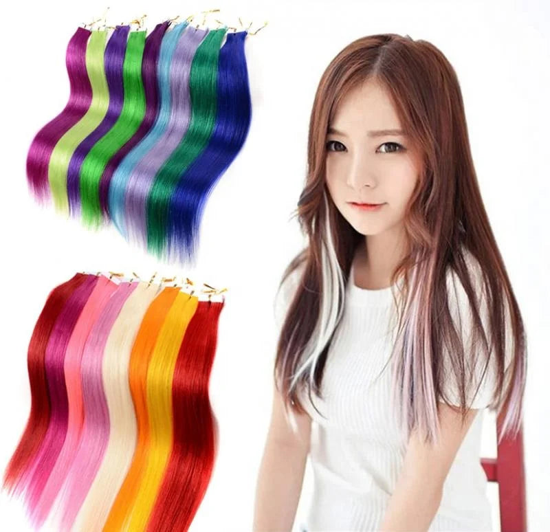 Ready to Ship 21.6inch Rainbow Long Straight Piece Synthetic Hair Colorful Fashion Clip Hair Wig Piece