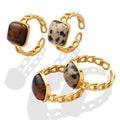 MARONEW Natural Stone Gemstone Women Ring Tiger Eye Geometric Open Hip Hop Rings 18K Gold Plated Stainless Steel  Ring Jewelry