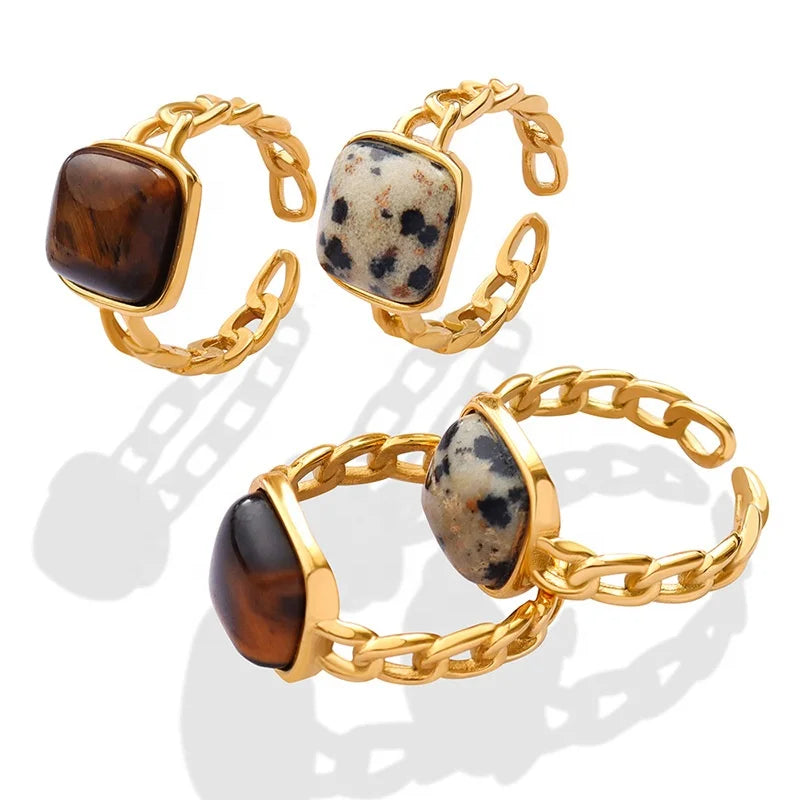 MARONEW Natural Stone Gemstone Women Ring Tiger Eye Geometric Open Hip Hop Rings 18K Gold Plated Stainless Steel  Ring Jewelry