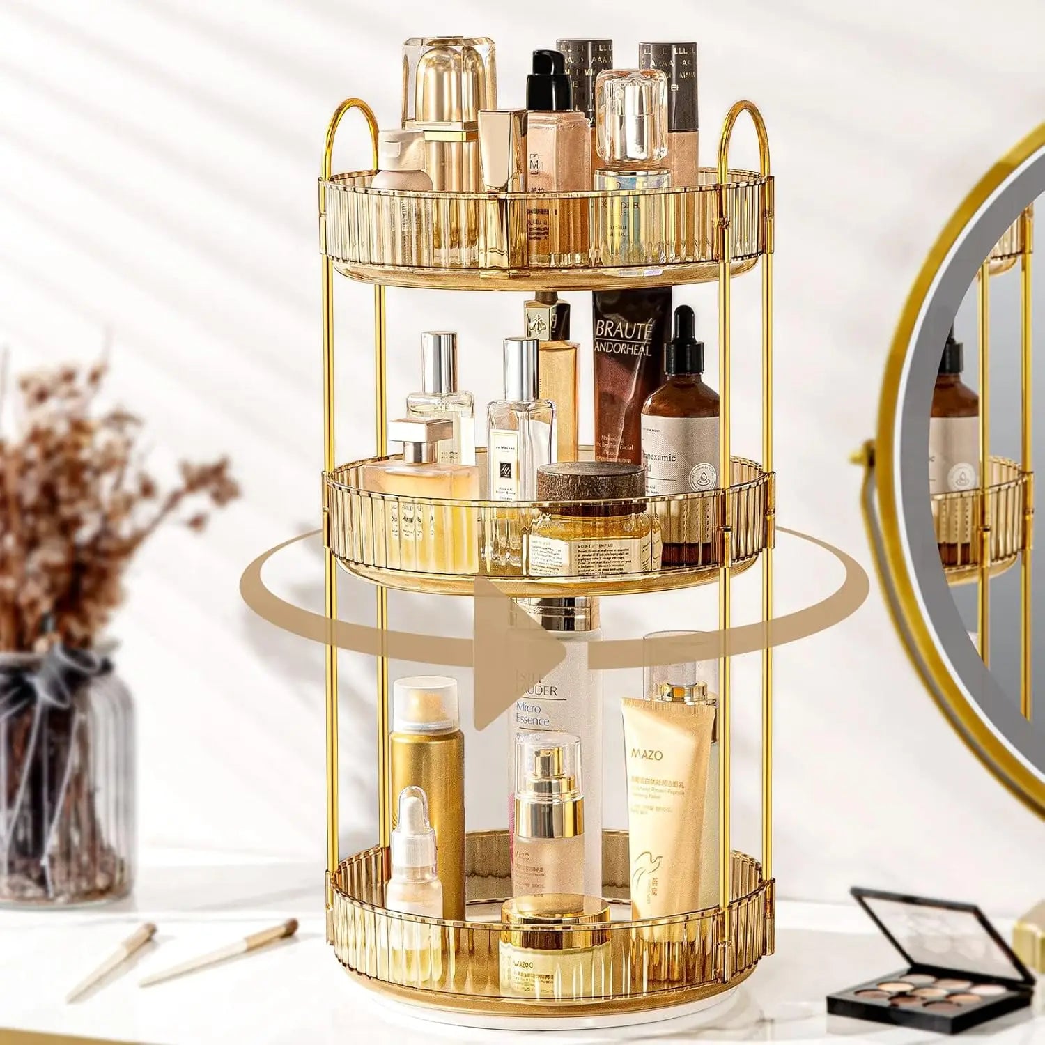 Luxury 3 Tier Spinning Skincare Storage 360Â° Rotating Makeup Organizer for Perfume Vanity Cosmetics
