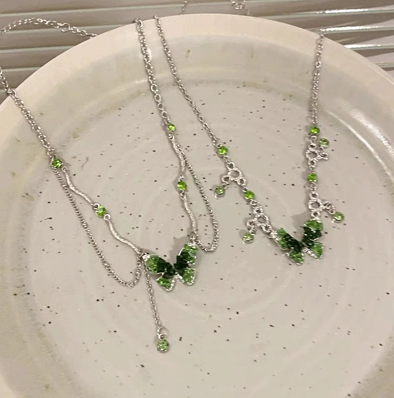 2025 New Green Crystal Butterfly Necklace Accessories Womens Collarbone Chain Light Luxury Niche Premium Feeling Tassel Necklace