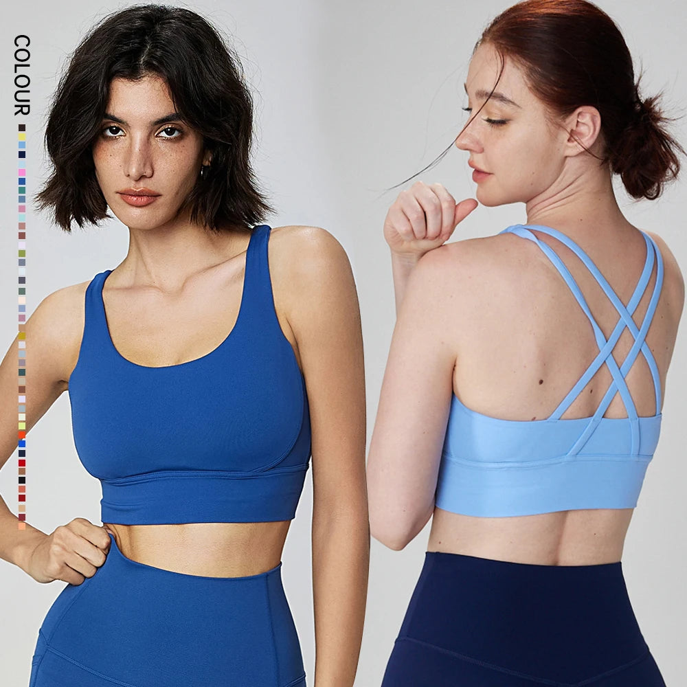 SHINBENE Classic Cross-Band Beautiful Back Padded Middle Support Nude Sports Bras for Women Fitness