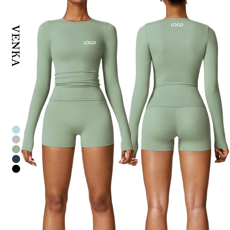 Ladies Fitness Workout Nylon Spandex Gym Clothes Crop Top Round Neck Tight Slim Shirt Dance Sports Yoga Long Sleeve Shirt Women