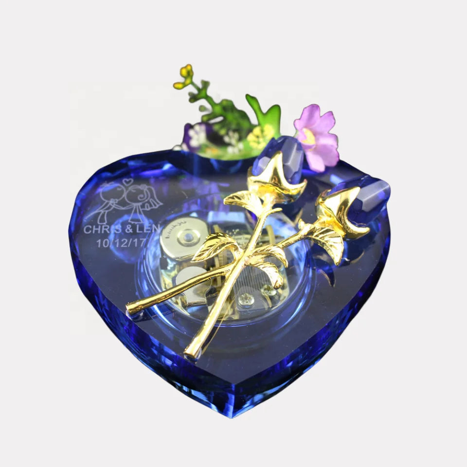 Wedding Favors Crystal Music Box with Rose Flowers Factory Custom Heart Shaped Glass Music Box