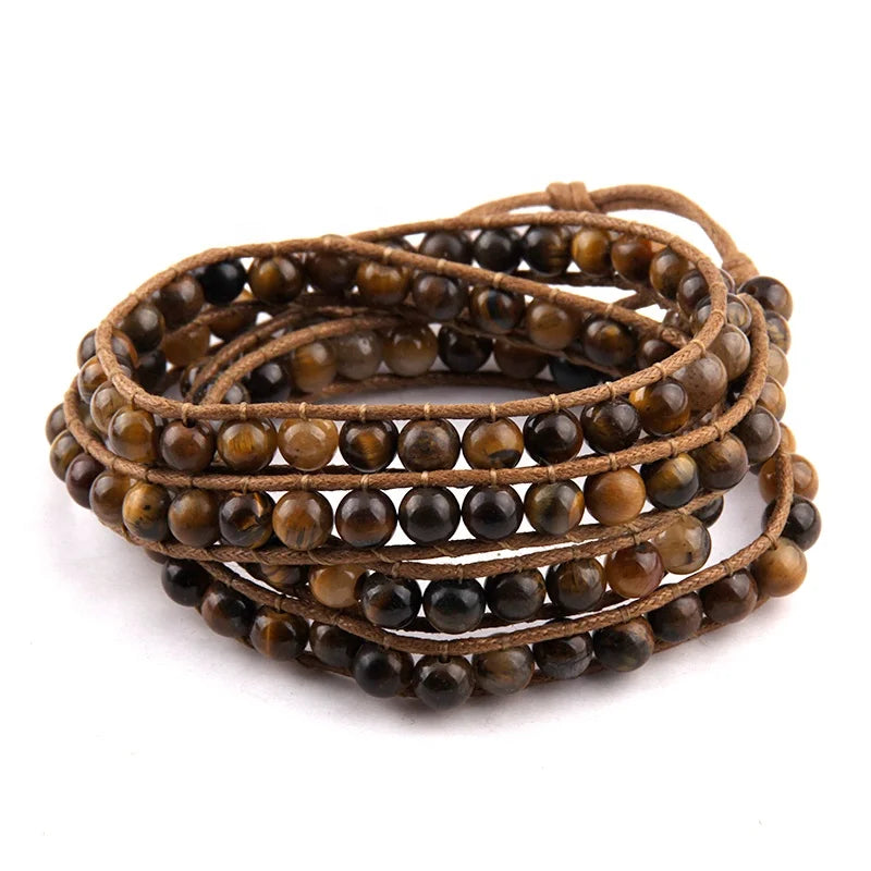 6mm Women Men Beautiful Korea Wax lava Gemstone Beads Long Wrap tiger Eye Bracelet 4 Wrap Bracelet
