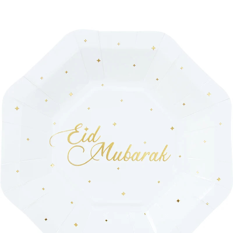 616207 7 Inch 8pcs Disposable White Gold Hot Stamped Paper Plate Eid Mubarak Ramadan Decoration Dinnerware Party Supplies
