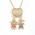 QIKU Trendy Full Crystal Boy & Girl Heart Shape Pendant Necklace Gold Color Copper Zircon Jewelry Mother's Day Gift Wholesale