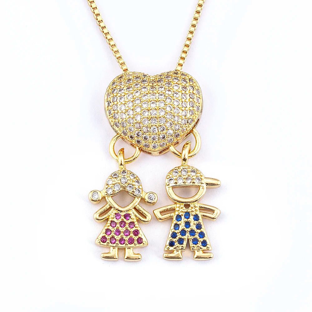 QIKU Trendy Full Crystal Boy & Girl Heart Shape Pendant Necklace Gold Color Copper Zircon Jewelry Mother's Day Gift Wholesale