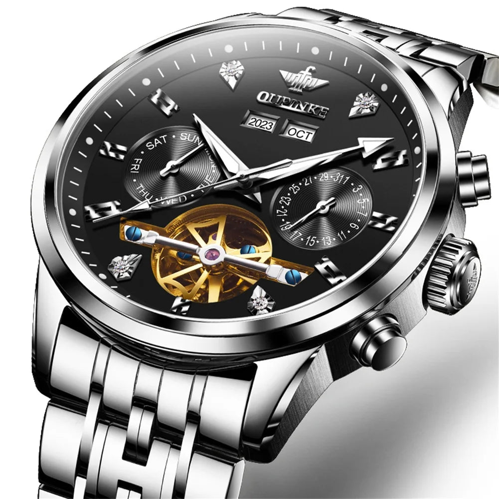 Oupinke 3248 Oem Wrist Watches Men  Automatic Mens Luxury Watch Stainless Steel Case Three Eyes Chronograph Wristwatch