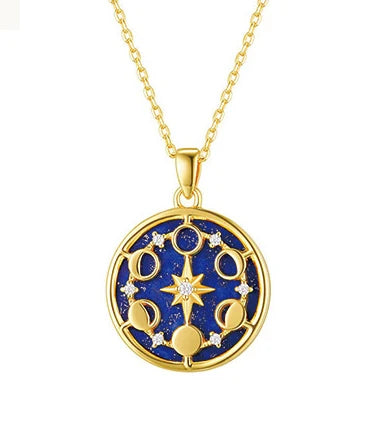 Unique Round Blue Pendant Moon and Star Necklace 14k Gold Plated Jewelry Necklace