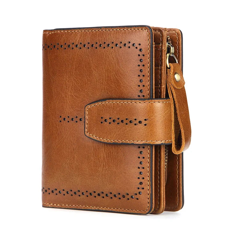 Vintage Trifold Vertical Wallet for Men Women Genuine Leather with Zipper Pocket RFID Blocking Extra Capacity Anti-Theft Feature