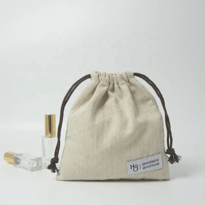 Promotional Personalized Custom Herringbone Linen Drawstring Pouch Cotton Gift Cosmetic Storage Bag