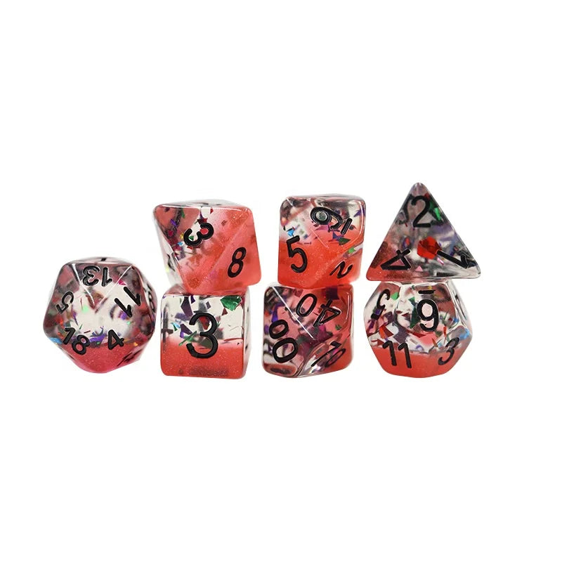 Newest Design Custom Resin Polyhedral Dnd Rpg Polyhedral Half Red Glitter with Half Transparent with Confetti--Black Ink Dice