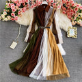 Spring and Autumn Clashing Color Splicing Mesh Lantern Sleeve Long Sleeve Casual Dress 2025