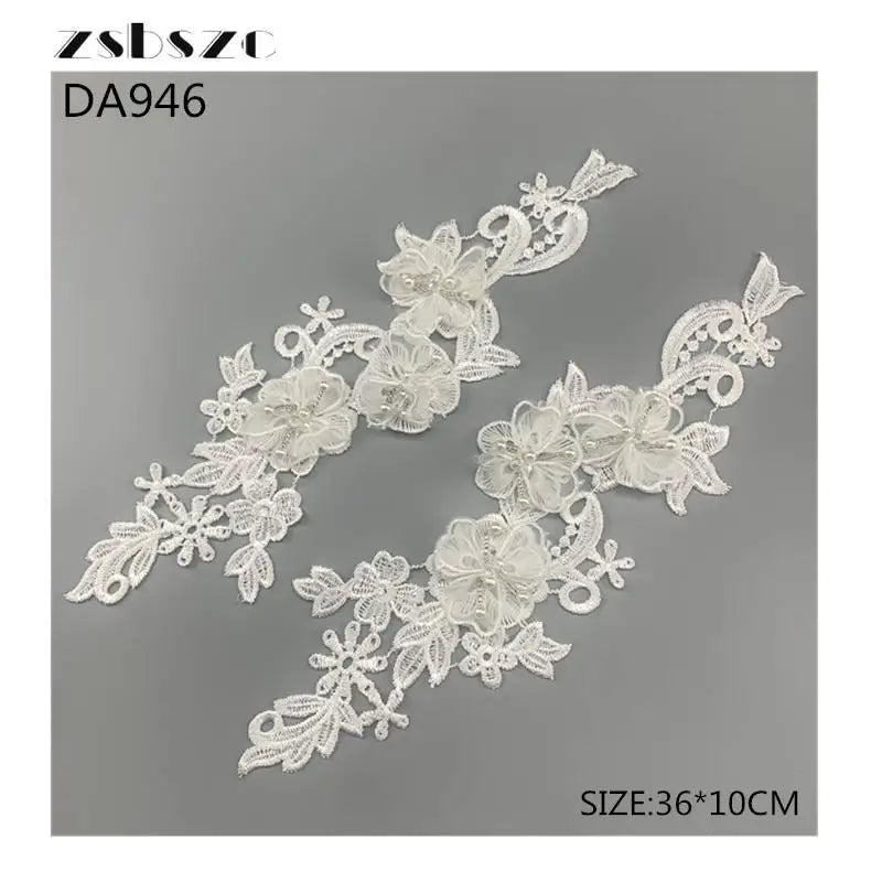 White 3D Lace Applique with Diamond Pearl Beads Embroidery for Wedding Dress Patch-100% Polyester