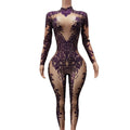 Fashion Purple Crystal One Piece Bodysuit Bodycon Rompers Festival Outfit Show Dancewear Women Sexy Party Rhinestone Jumpsuits