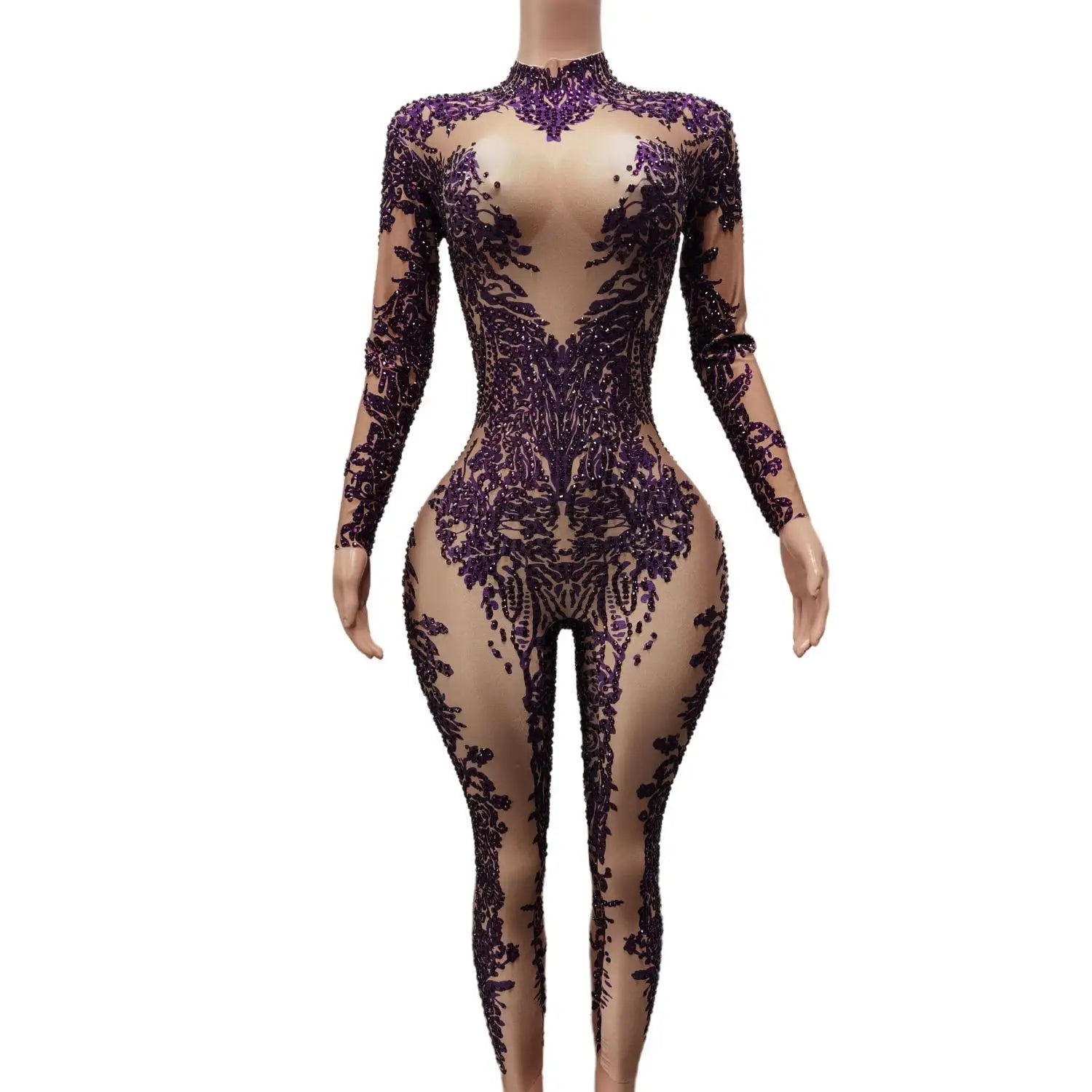 Fashion Purple Crystal One Piece Bodysuit Bodycon Rompers Festival Outfit Show Dancewear Women Sexy Party Rhinestone Jumpsuits