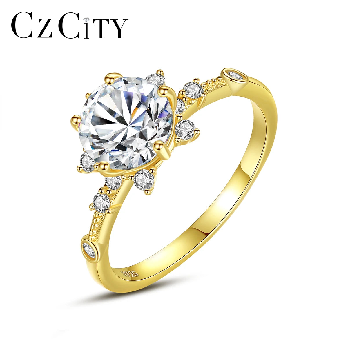 CZCITY 925 Sterling Silver 14K Plated Flower Wedding Diamond Vintage Gold Ring for Woman