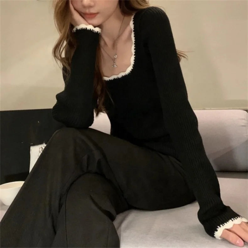 French Retro Solid Pattern Square Neck Embroidery Lace Design Women's Casual Slim Knitwear Top Exposed Collarbone Sweater Autumn