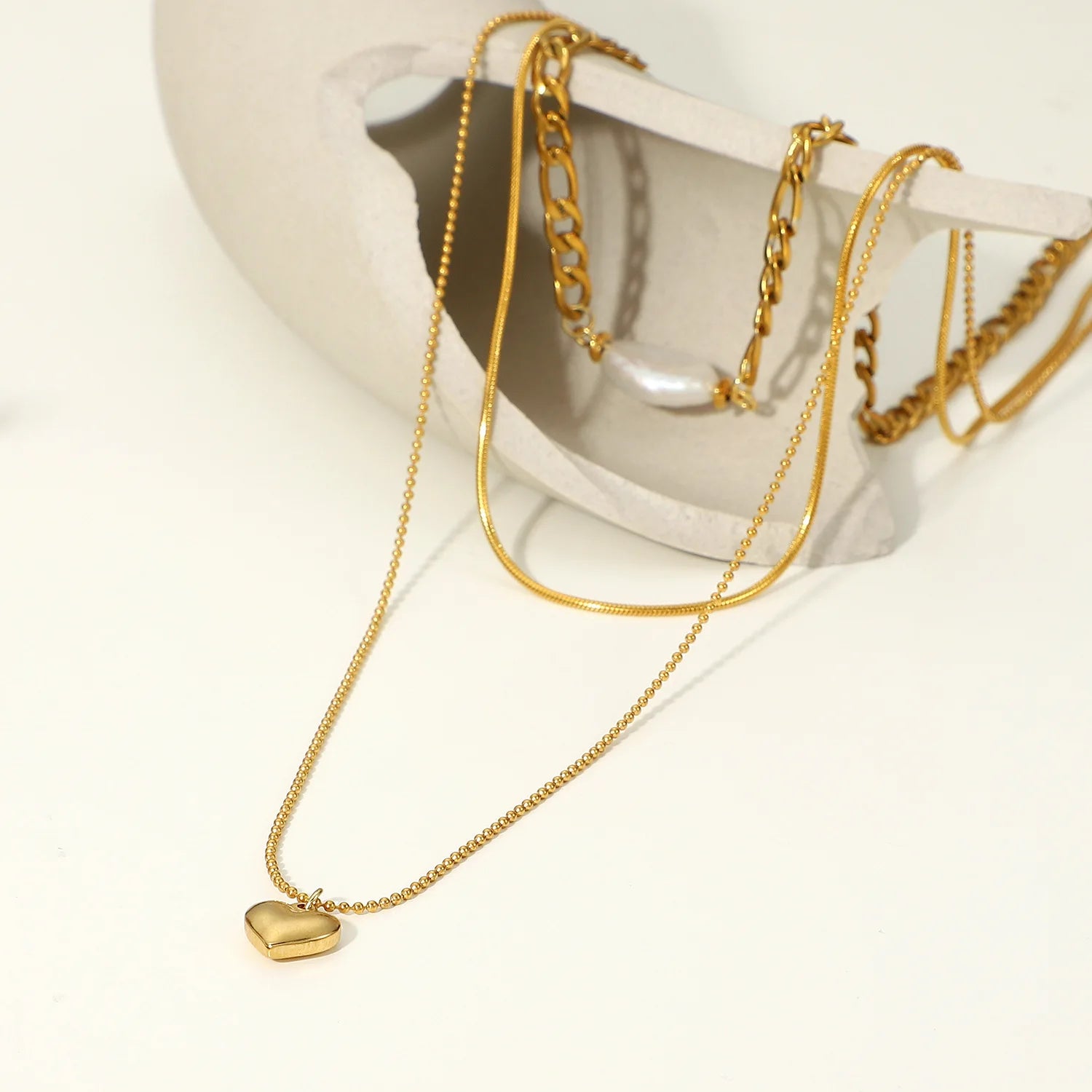 18K Gold Plated Stainless Steel Triple Layers Figaro Chain Natural Freshwater Pearl Heart Necklace