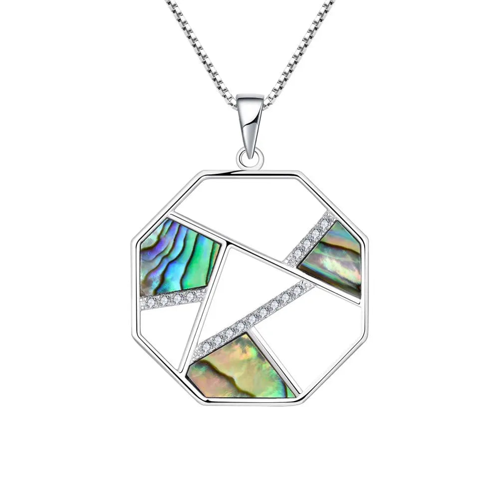 Yh Jewellery 925 Sterling Silver Irregular Square Abalone Shell Round White Cz Pendant Necklace for Women
