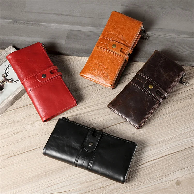 Large Capacity Coin Purse Rfid Wallet Genuine Leather Vintage Long Wallet for Men and Women