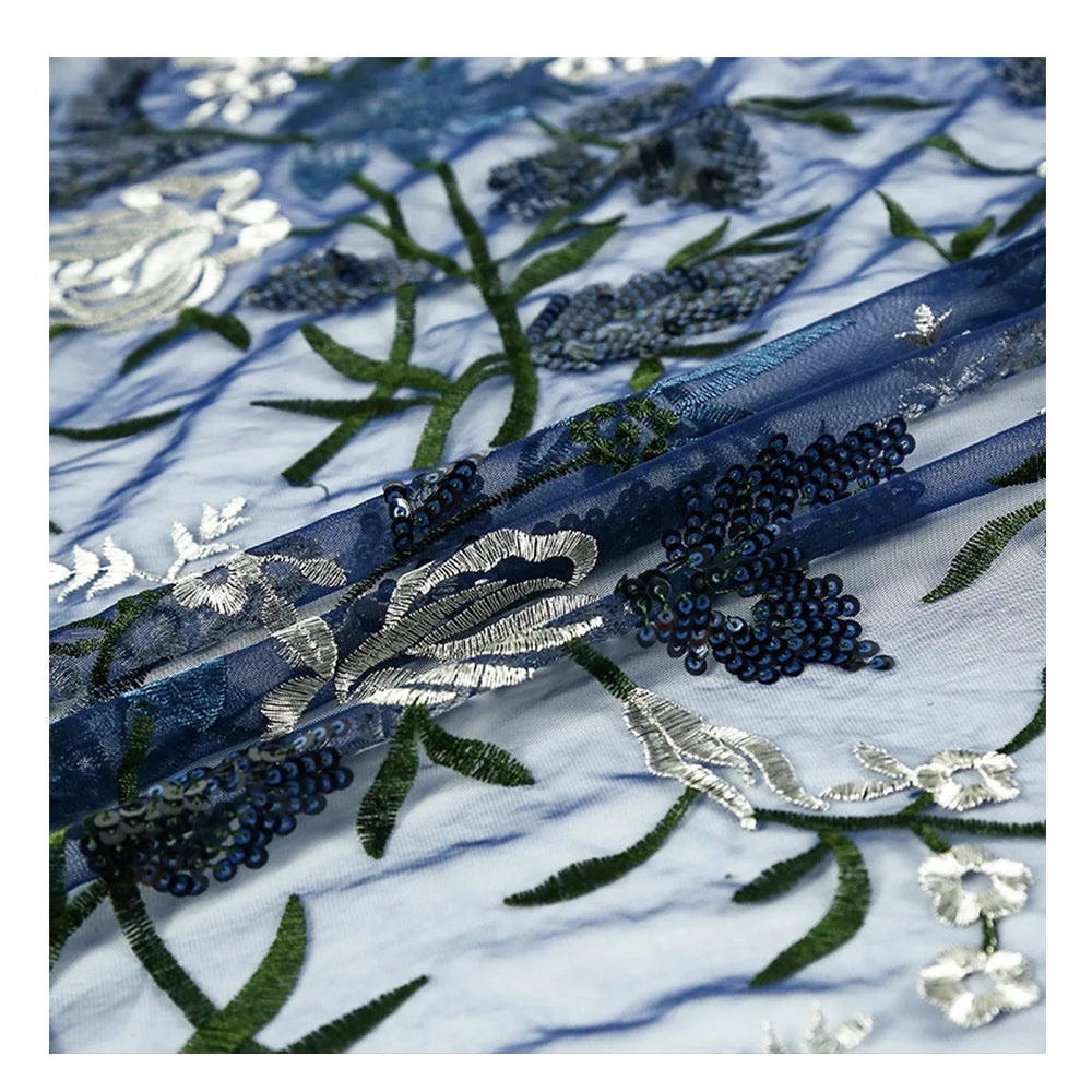 Wholesale Luxury 2024 French Women's Wedding Dress Royal Blue Sequin Flowers Lace Yard Sequin Embroidery 100% Polyester