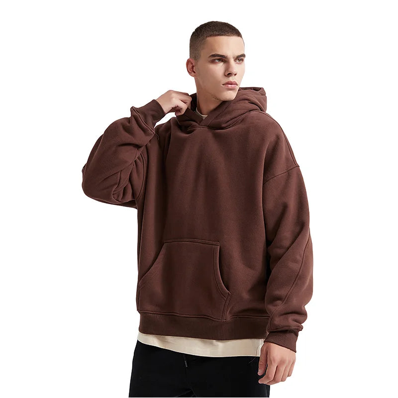 Trendy XL Size Men's Hooded Fleece-Lined Jacket Solid Color Velour Fabric Windproof and Breathable Custom Printed Pattern