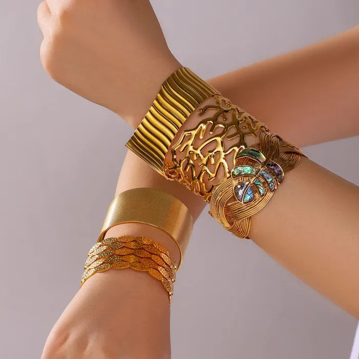 6 Styles Fashion New Leaf Stainless Steel Gold Plated 18k Gold Exaggerated Opening Bracelet Set for Women Men
