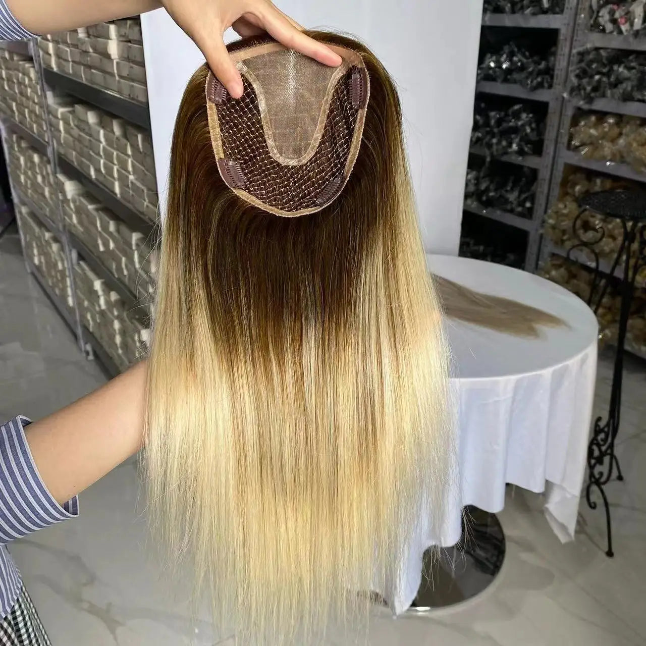 Full Fish Net Topper With Clips Human Hair Toppers High Density Human Hair Women Toupee Breathable Integrated Strong Base