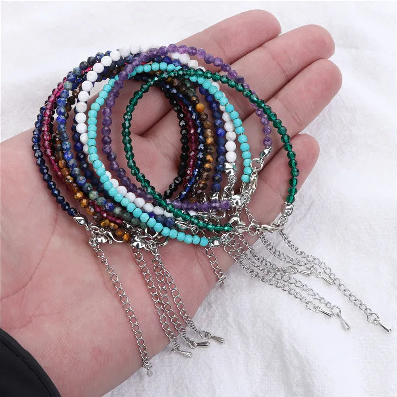 Hot Sale Ruby Tiger Eye Turquoise Lapis Lazuli Amethyst Thin Small 3mm Faceted Natural Stone Bead Bracelet for Women Men