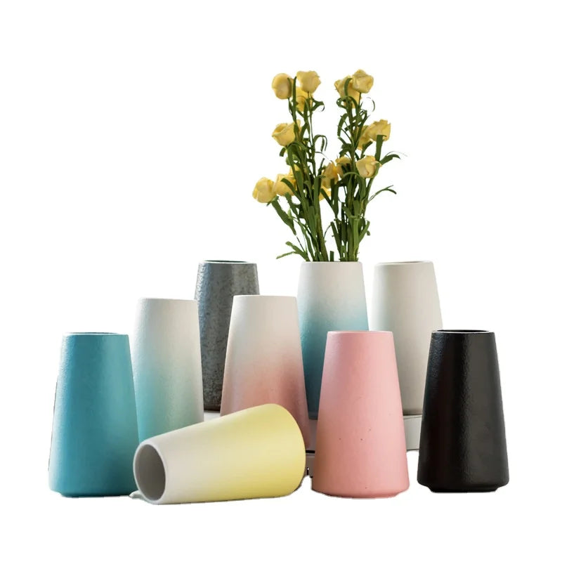 Nordic Contemporary Retro Ceramic Vase Frosted Wide-Mouth Gradient Donut Small Rectangular Simple Home Decor Flower Arrangement