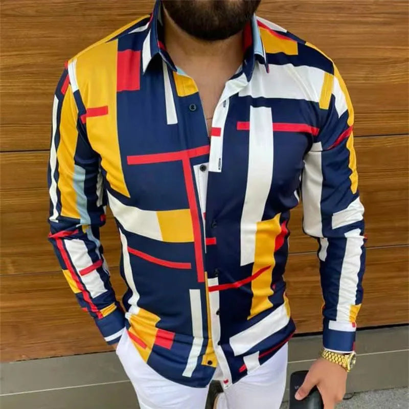 RNSHANGER Autumn New Men's Long Sleeve Shirts Casual Fashion Streetwear Geometric Printing Buttoned Turn-down Collar Shirt