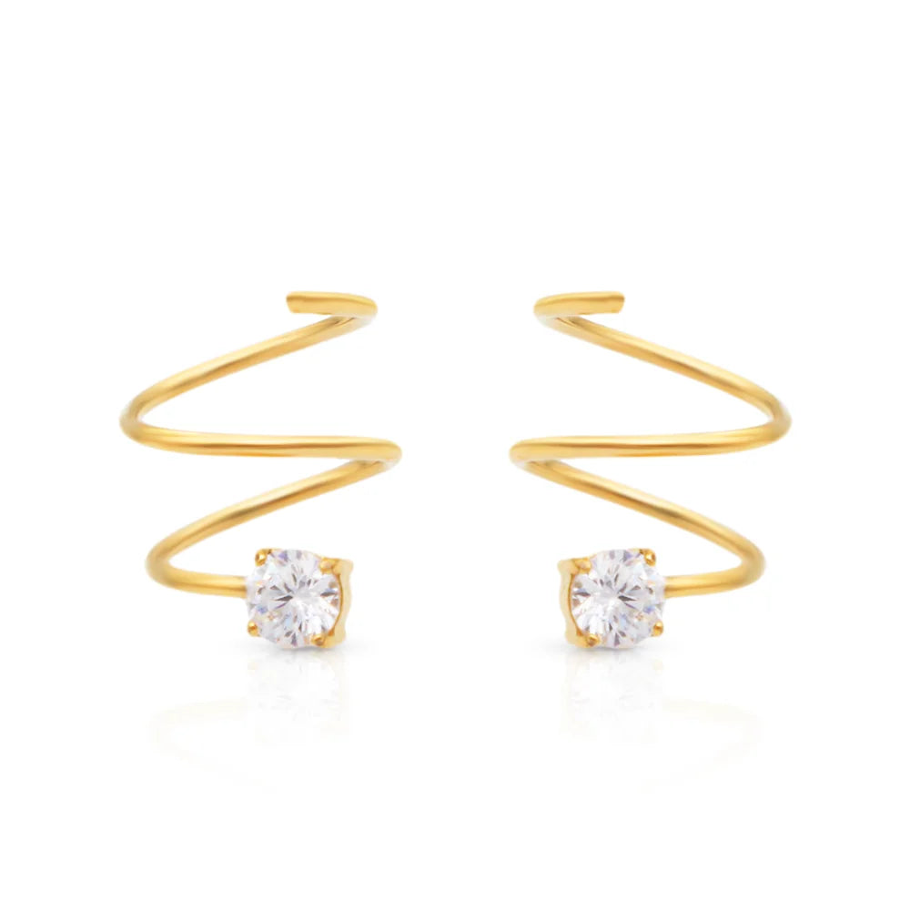 Chris April 316L Stainless Steel Spring Jewelry Earrings Waterproof 18K Gold Plated Solitaire Zircon Spiral Pin Earring