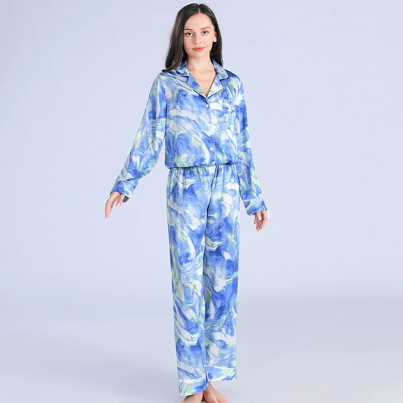 Satin Silk Pajama Set for Women Sky Blue Printing Pajamas Satin Pajamas