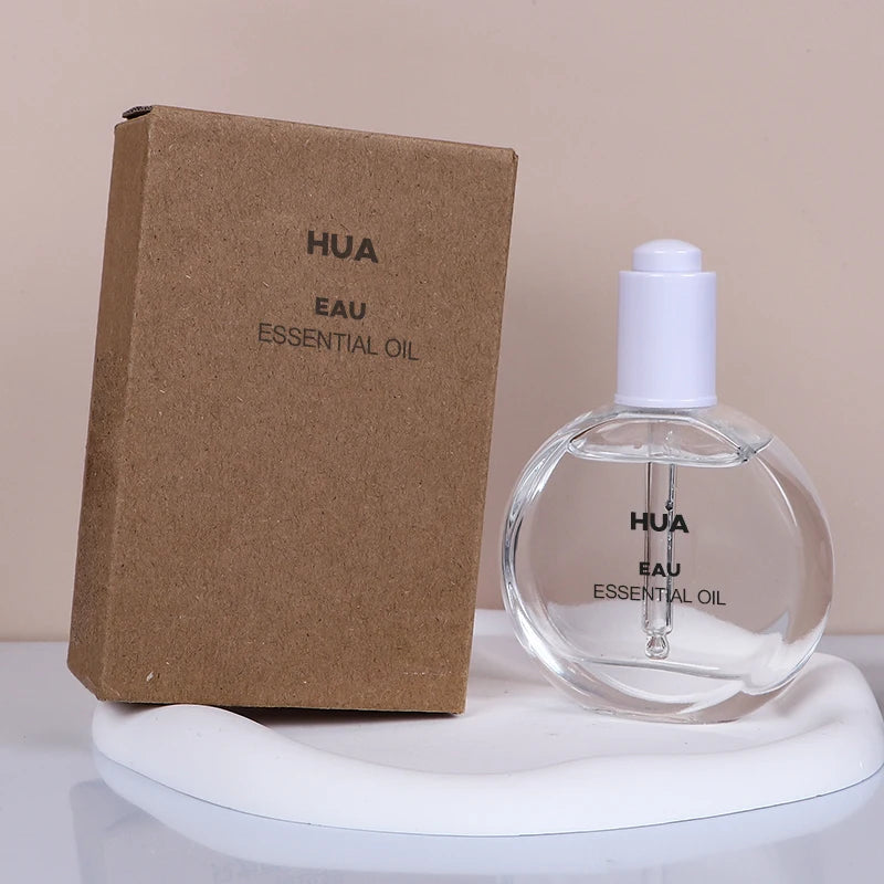 Fancy 50 ml Flat Round clear Empty Essential Oil Glass Bottle with Push Button Dropper