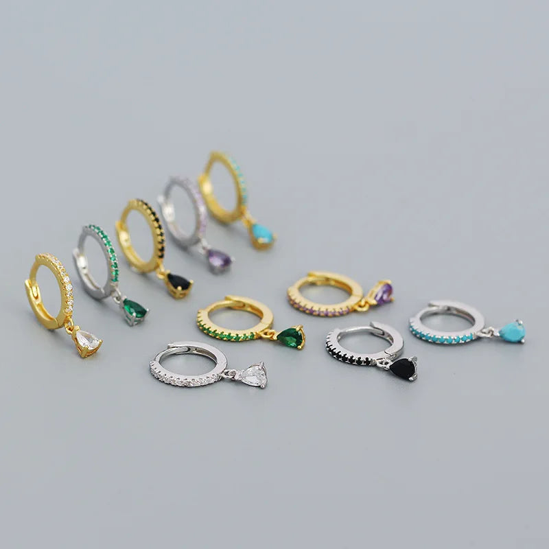 Trendy Jewelry Gold Plated 925 Sterling Silver Blue Black Green Waterdrop Pendant Huggie Hoop Earrings