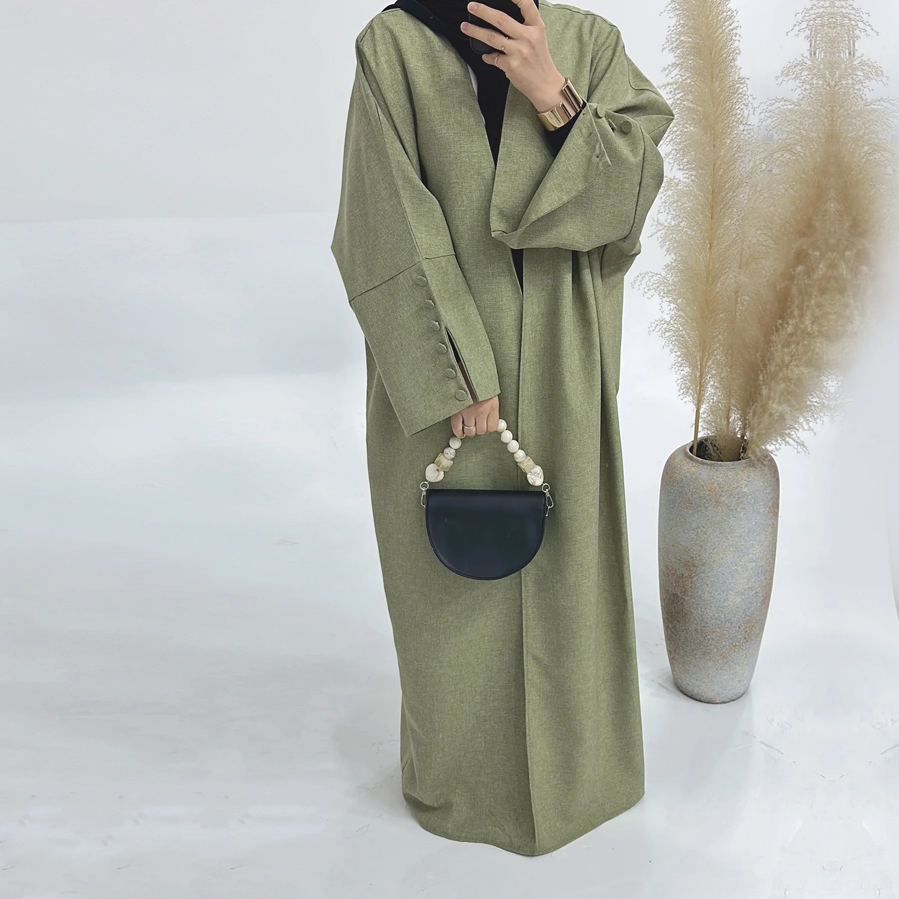 Loriya EID Ramadan Linen Blend Kimono Cardigan Open Abaya Buttons Slit Sleeves Islamic Clothing Women's Dresses Dubai Ready XXL