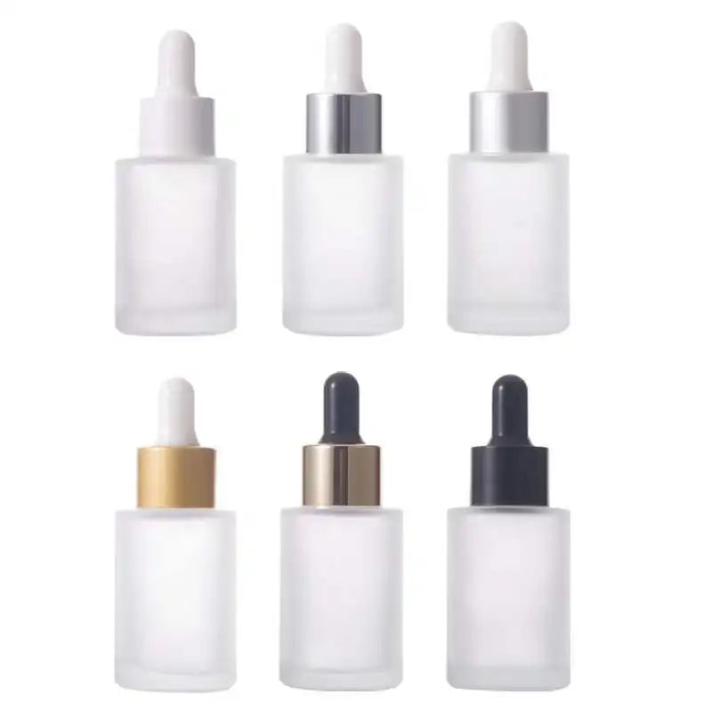 1 Oz Frosted Cylinder Glass Bottle with Black Regular Smooth Glass Dropper 30ml Clear Round Frosted Flat Neck Glass Bottle
