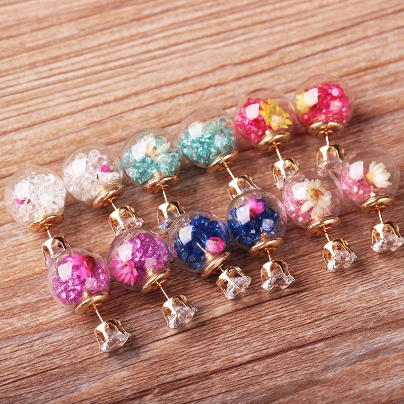 Dainty Vintage Crystal Flower Transparent Resin Round Ball Botanical Jewelry Acrylic Stud Earrings with Silver Peg for Girls