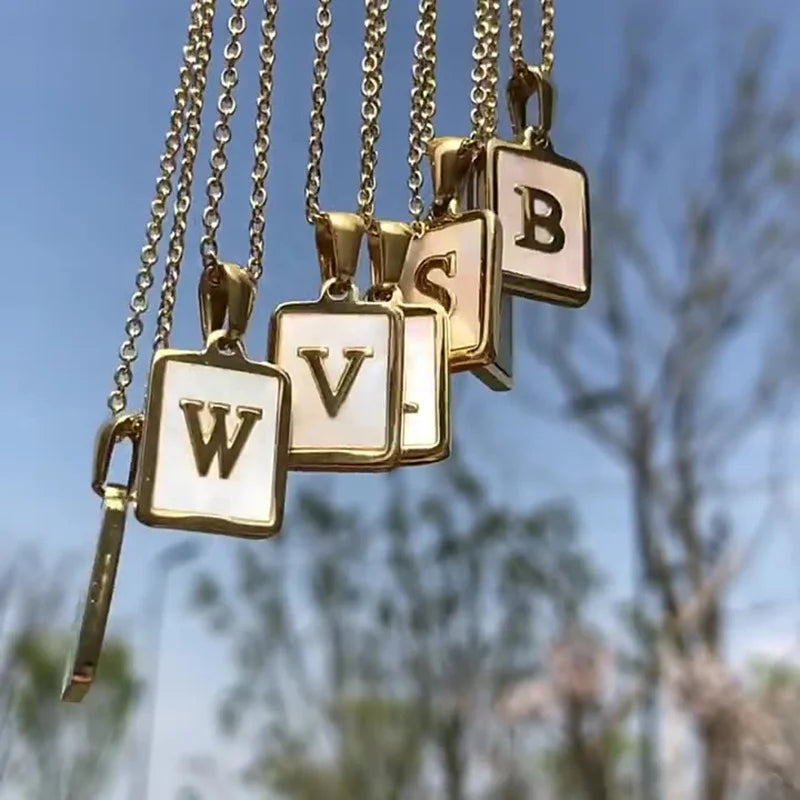 Dreamshow Stainless Steel Tarnish Free Shell Square Letter Necklace Initial Jewelry