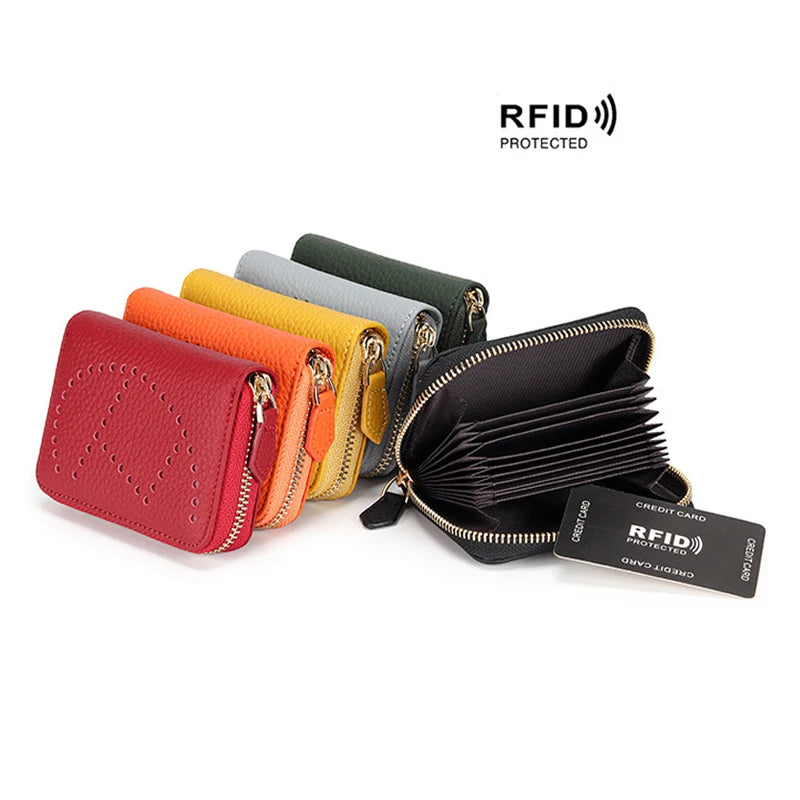 2022 Short Zipper Card Case for Women Genuine Leather RFID Blocking Credit Card Holder Lady Hollow Out Design Small Card Wallet