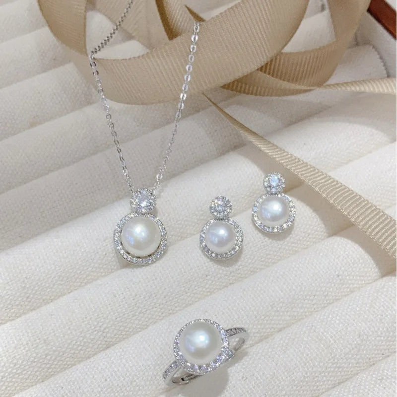 New Arrived Princess Big Round Pearl Pendant Freshwater Pearl Diamond Zircon 18K Gold Plates Necklace Ring Earrings Jewelry Set