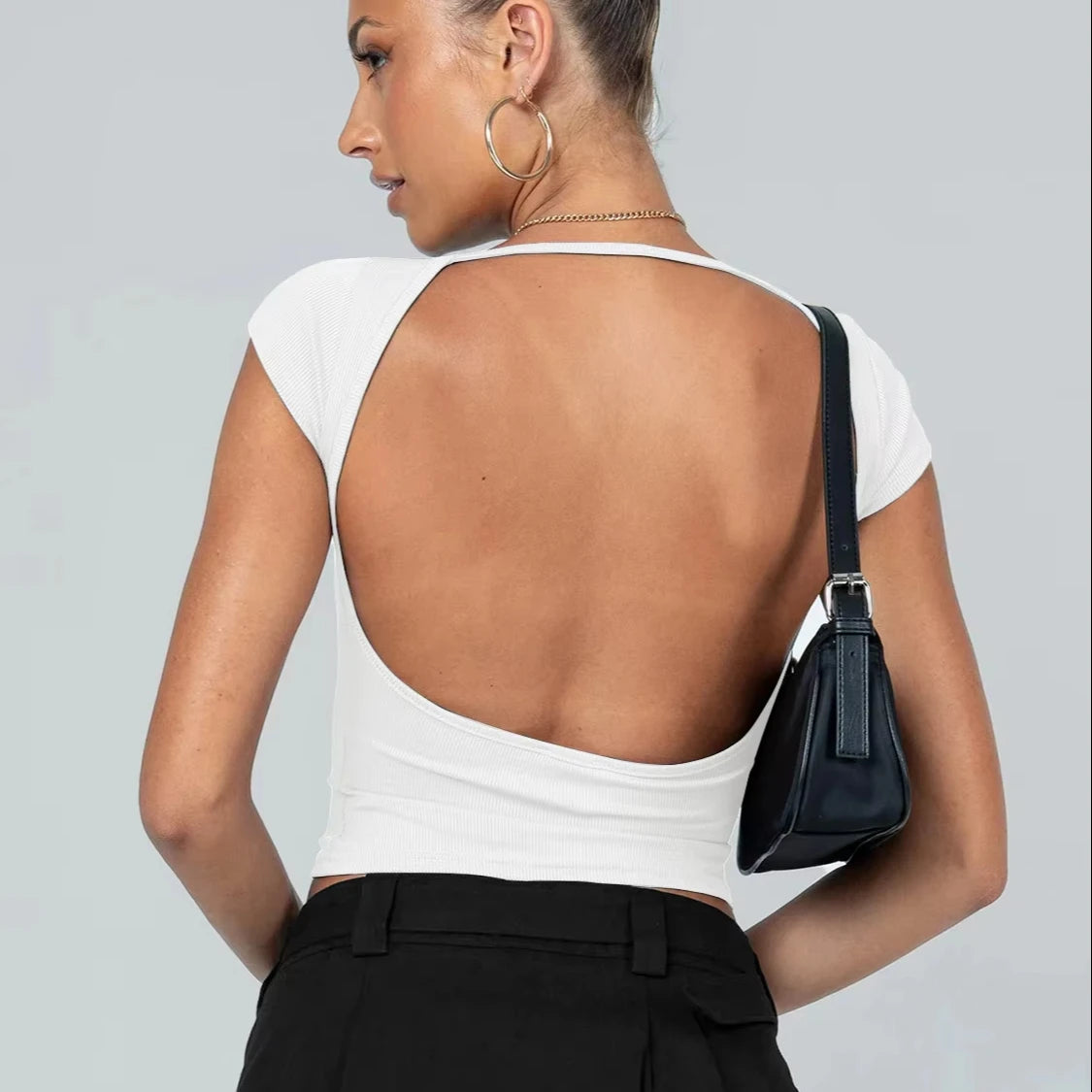 Hollowed Out Crop Short Sleeve Backless Short Sleeve Crewneck Slim-Fit T-Shirt Wear Tank Tee Crop Top
